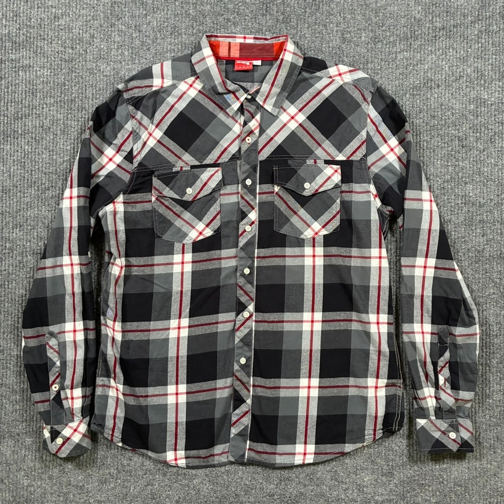 Puma‎ Mens Button Up Shirt Size 2XL Plaid Black 100% Cotton Casual Long Sleeve